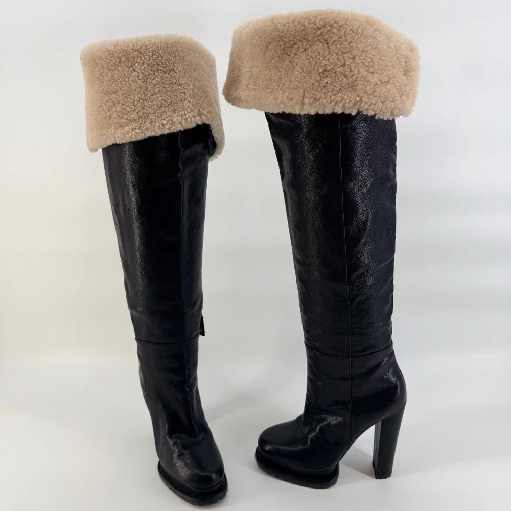 Alice + Olivia Leather Black and Cream Over the Knee Boots with shearling lining